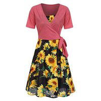 Womens Sunflower Short Sleeve Midi Dresses Bow Tie Front Bandage Suit Summer Casual Coverups Tops Straps Irregular Mini Tshirt Dress Loose Swing Flowy Pleated Floral Sun Dress