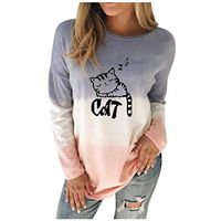 Sunhusing Women's Casual Round Neck Tie-Dyed Gradient Color Cat Letter Printed Pullover Tops Sweatshirt(Blue,2XL)