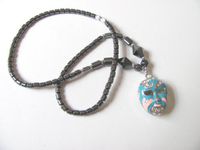 Healing Hematite Necklace with Color Enamel and Rhinestone Opera Mask Pendant Mardi Gras (Blue and Pink)