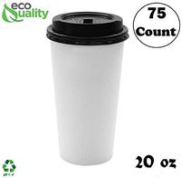 Extra Large 20oz White Paper Coffee Cups with Black Lids - (75 Count) by EcoQuality - Disposable Paper Coffee Cups - Hot Drink, Tea, Coffee, Cappuccino, Hot Chocolate, Chai, Chai Latte, Office,Travel