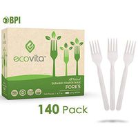 100% Compostable Forks - 140 Large Disposable Utensils (7 in.) Eco Friendly Durable and Heat Resistant Alternative to Plastic Forks with Convenient Tray by Ecovita