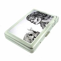 Cigarette Case with Built in Lighter Sugar Skull S24 Smoking King Size Cigarettes Silver Metal Wallet 4" X 2.75" RFID Protection Candy