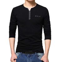 iMakcc Men's Casual Daily Business Slim Fit Button Solid Color T-Shirt Long Sleeve Top (XL, Black)
