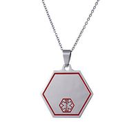 LiFashion LF Stainless Steel Personalized ICE SOS Medical Alert Hexagon ID Tag Pendant Necklace Emergency for Men Women Customized Engraving