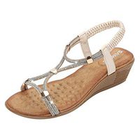 Cenglings Women's Plus Size Casual Open Toe Rhinestone T-Strap Sandals Slip On Wedges Shoes Cut Out Party Slingback Shoes(Beige,39)