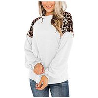 Meikosks Womens Leopard Print Long Sleeve Color Block Top Round Neck T Shirt Loose Pullover White