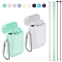 Reusable Straws, Funbiz 2 Pack Portable Silicone Collapsible Straw with Case and Extra Long Cleaning Brush for Kids Adult, BPA Free Foldable Travel Drinking Straws for Smoothie Coffee, Green & White
