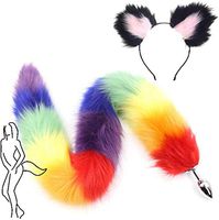 Three Sizes Long Rainbow B-ü-t-t P-l-ǔ-g Fox Tail Massager + Ears Headband Halloween Party Toys Set