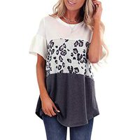 Meikosks Women's Summer Color Block Tops Leopard Print Casual T Shirt Short Sleeve Pullover Gray