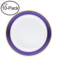 Tiger Chef 7-inch Heavyweight Plastic China Like Salad Plates. Quality Reusable Dinnerware - Cobalt Blue and Gold Trim Design - (10)