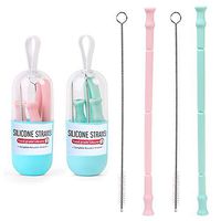 MISDECOR Collapsible Reusable Silicone Straw Portable Folding Drinking Straws With Key chain Case Holder and Cleaning Brush,BPA Free (Pink,Green)