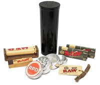 Bundle - 7 Items - RAW Black Rolling Paper, Tips, Roller and Hemp Wick with Grinder and Storage Container