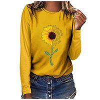 Meikosks Women's Sunflower Print Tops Round Neck Long Sleeved T-Shirt Basic Blouses Casual Pullover Yellow