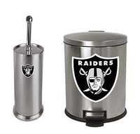 The Furniture Cove 2-Pc Set - 1.3 Gallon Stainless Steel Step Trash Can Waste Basket and Toilet Brush with Holder Featuring the Choice of Your Favorite Football Team Logo (Raiders)