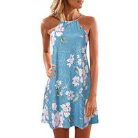 GateLie Womens Summer Boho Floral Printed Short Dresses Casual Loose Halter Neck Vest Camisole Sleeveless Beach Short Dress (XL) Light Blue