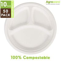 Agroware Biodegradable 10 Inch Round 3 Compartment/Section Take Out Food Plates. Microwaveable, Disposable Takeout Plates to Carry Meals Togo. Great for Restaurant or Party (50)