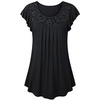 Meikosks Ladies Lace Patchwork Tops Solid Color T Shirt Ruched Short Sleeve Blouses Casual Pullover Black
