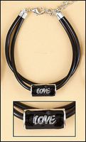 Black Bonded Leather Bracelet Adjustable to Any Size with Anodized Silver and Porcelain Slide Love Centerpiece