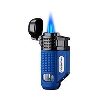 CIGARLOONG Cigar Lighter 4 Jet Torch Blue Flames Refillable Butane Torch Lighter with Cigar Punch (Color:Blue)
