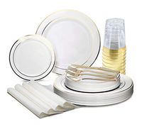 " OCCASIONS" 200pcs set (25 Guests)-Heavyweight Wedding Party Disposable Plastic Plate Set -25 x 10.5'' + 25 x 7.5'' + Silverware + Cups +linen like paper Napkins (White & Gold Rim)