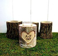 Romantic Couples Personalized 5 Year Anniversary Gift, Birch Branches Wood Log Rustic Wedding Candle Holder