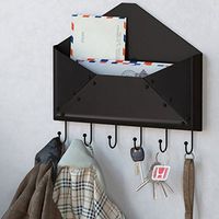 WALLNITURE Foyer Wall Mount Letter  Mail  Key  Newspaper Magazine Holder Coat Rack Envelope Shape Steel Entryway Organizer with 6 Hooks  Black