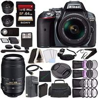 Nikon D5300 DSLR Camera with 18-55mm Lens (Grey) + Nikon AF-S DX NIKKOR 55-300mm f/4.5-5.6G ED VR Lens + Battery + Charger + Sony 64GB UHS-I SDXC Memory Card (Class 10) + Flash Bundle