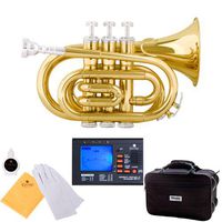 Mendini MPT Brass Bb Pocket Trumpet + Tuner, Case, Mouthpiece, More (Gold)