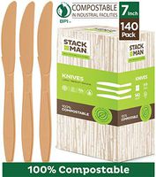 Disposable Knives 140 Pack 100% Compostable Plastic Silverware, Large 7.5” Premium Heavy Duty Flatware Utensils, Eco Friendly Certified 100% Biodegradable Natural Wood Color Tableware
