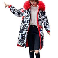 HNTDG Women Winter Fur Collar Hooded Coat Double-Sided Wear Thick Warm Slim Jacket Long Overcoat Red