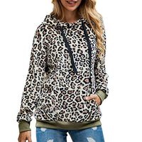 HNTDG Leopard Print Sweatshirt for Women Casual Long Sleeve Pocket Drawstring Pullover Hoodie Tops Khaki