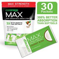 Coromega MAX High Concentrate Omega 3 Fish Oil, 2400mg Omega-3s with 3X Better Absorption Than Softgels, 30 Single Serve Packets, Coconut Bliss Flavor; Anti Inflammatory Supplement with Vitamin D