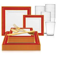 720 Piece Elegant Disposable Plastic Dinnerware Set for 120 Guests - Fancy Square White with Red & Gold Dinner Plates, Dessert Plates, Cutlery Set & Cups For Wedding, Easter, Birthday & All Occasions