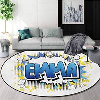 RUGSMAT Emma Washable Creative Modern Round Rug,Youthful Energetic Name Design for Teenage Girls Cartoon Stars and Burst Coffee Table Mat Non-Skid Living Room Carpet,Diameter-47 Inch