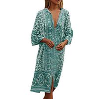 Cliramer Women Summer Sleeveless V Neck Maxi Bohe Flowers Print Button Down Flare Sleeve Loose Dress Split Beach Party Dress Green