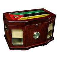 Large Premium Desktop Humidor - Glass Top - Flag of Mozambique (Mozambican) - Wood Design - 300 Cigar Capacity - Cedar Lined with Two humidifiers & Large Front Mounted Hygrometer.