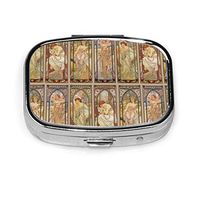 Pill Organizer Box Metal Pill Container Portable Vitamin Medicine Case for Pocket,Purse,Daily Needs and Travelling -Times of The Day Alphonse Mucha