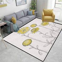Yellow Flower Over Sized Area Rug Kids Girl, Hand Drawn Style Sunflowers on Twigs Petals Growth Botany Summertime, Fashionable High Class Living Dinning Room(2.5'x 7') Pale Yellow Black