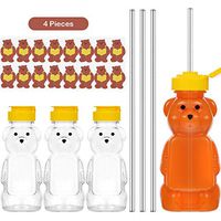 4 Pieces Juice Bear Bottles Plastic Drinking Bottles, 4 Pieces Long Straws and 4 Pieces Cute Bear Stickers Drinking Supplies