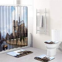 Naiflowers Bath Shower Curtain Sets 4 Piece, Bathroom Shower Curtain & Toilet Mat & Lid Cover & Non Slip Rugs Notre Dame de Paris Printing Tub Living Room Washable Bath Curtain Carpet (A)
