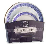 32 Piece White, Silver and Blue Plastic Plates, Elegant Disposable Plastic Dinnerware Set for 16 Guests Includes 16 Fancy Disposable Dinner Plates 16 Dessert Plates - Posh Setting