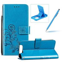 Blue Leather Case for Samsung Galaxy A80,Strap Wallet Flip Cover for Samsung Galaxy A80,Herzzer Classic Pretty Four Leaf Clover Print Magnetic Card Slots Stand Folio Case with Soft TPU