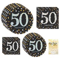 50th Birthday Party Dinnerware Set Bundle, Sparkling Celebration Design | Service for 16 | Black, Gold, and Silver with Metallic Inks | Includes Dinner Plates, Dessert Plates, and 2 Sizes of Napkins