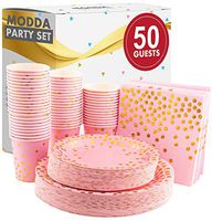 Modda Pink and Gold Party Supplies for 50 Guests - 200PCS Disposable Pink Gold Dot Paper Plate Dinnerware. Dinner, Dessert Plates, Cups and Napkins, Wedding Bridal Girl Baby Shower Birthday Party Set