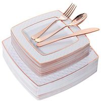 125pcs Rose Gold Square Plates with Rose Gold Silverware, Diamond Disposable plates,Includes: 25 Dinner Plates 9.5", 25 Salad Plates 7.6", 25 Rose Gold Knives, 25 Rose Gold Forks, 25 Rose Gold Spoons