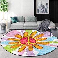 RUGSMAT Groovy Modern Washable Round Bath Mat,Hippie Peace Symbol Daisy Non-Slip No-Shedding Bedroom Soft Floor Mat Diameter-47