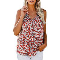 general3 Women Button Down Shirt Ladies Floral Printed Sleeveless V Neck Loose Tank Tops Casual Vest Shirts (Red, Large)