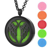 Garden Charms Aromatherapy Essential Oil Diffuser Necklace Perfume Stainless Steel Magnetic Angel Wing Round Locket Pendant Jewelry for Women 5 Felt Pads-Black (Wing)