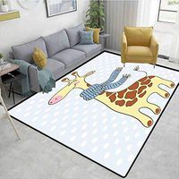 Bigdatastore Cartoon Animals Door Mats Outdoors, Happy Giraffe with Scarf December Cold Joyful Snow Winter Illustration, Easy Maintenance Area Rug Living Room Bedroom Carpet(4'x 6')
