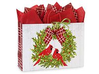 Vogue Christmas Plaid Cardinal Paper Bags 16x6x12" (50 Bags)